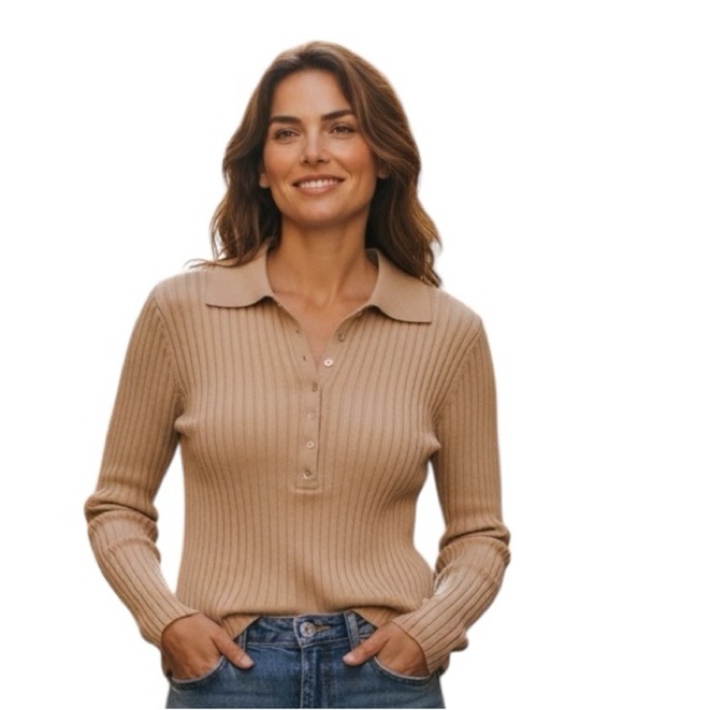 Zara Beige Fitted Long Sleeve Shirt Blouse Sz Medium Fits Small Stretchy Viscose